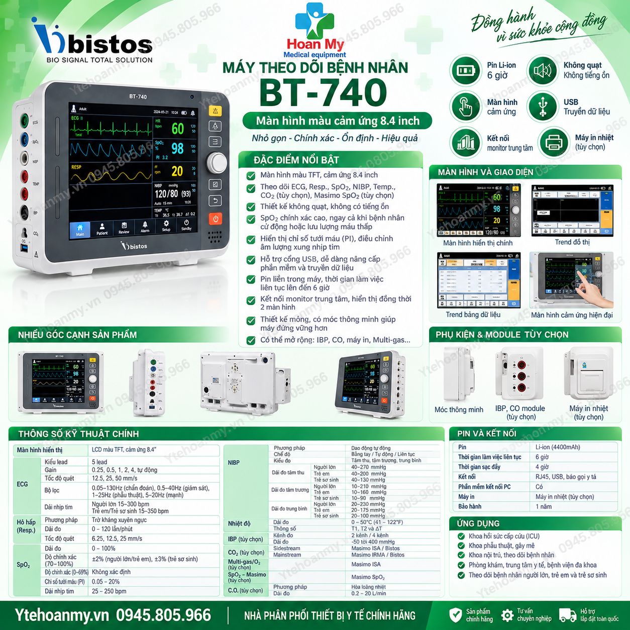 Monitor theo dõi bệnh nhân Bistos BT-740. Xuất xứ: Hàn Quốc